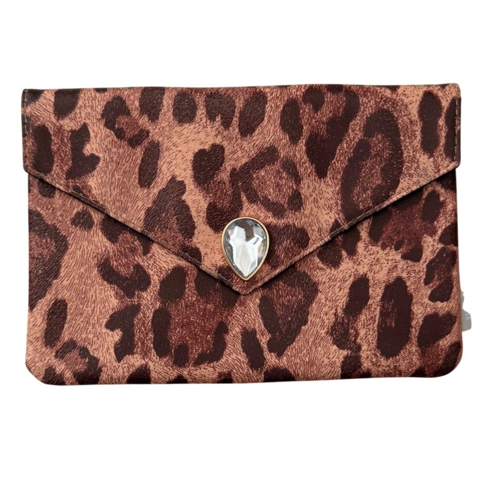Ipsy Leopard Print Cosmetic Bag Snap Closure Synthetic Makeup Pouch Faux Jewel - Picture 1 of 7